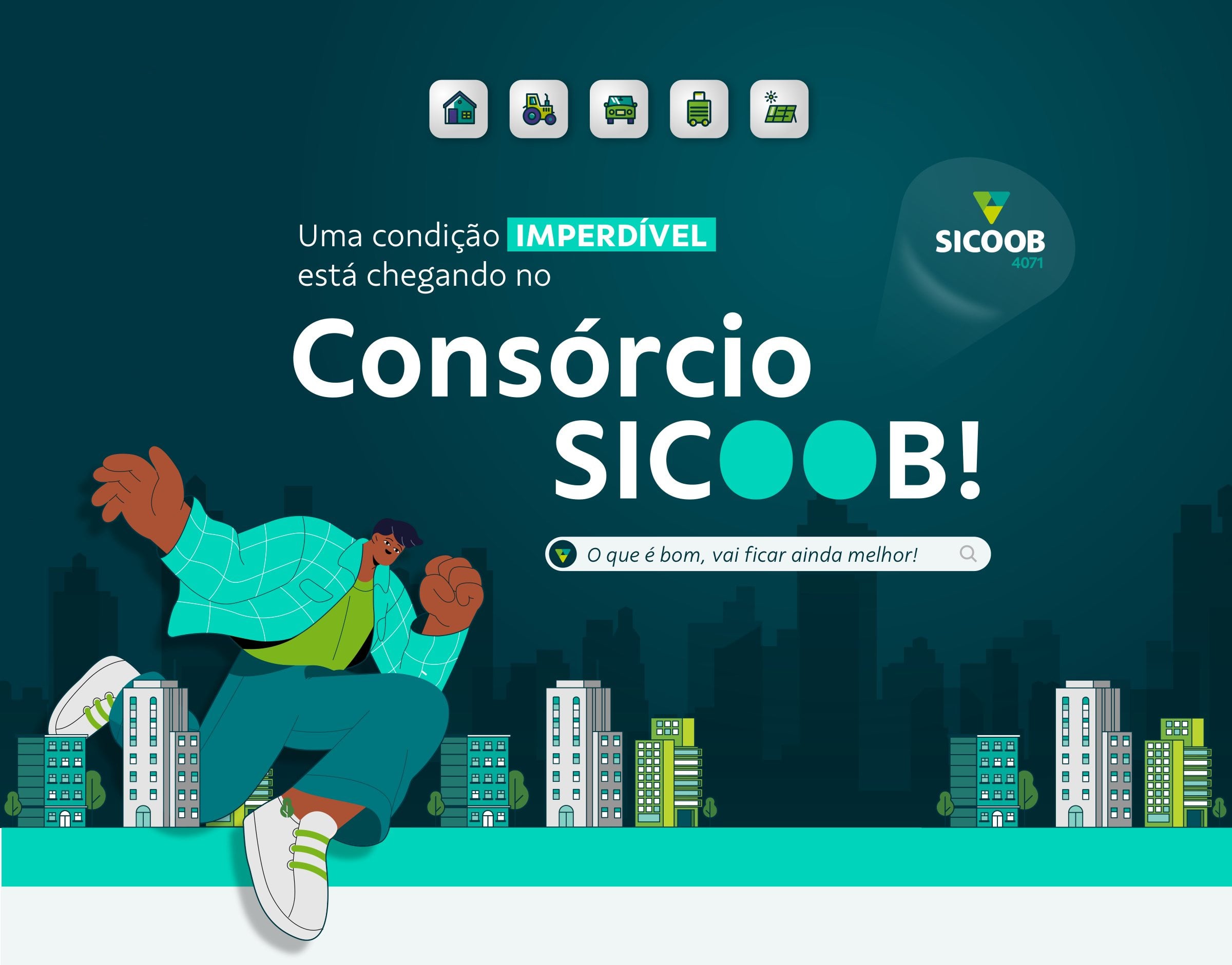 Ilustração de homem saltando sobre a cidade, com o Consórcio Sicoob 4071