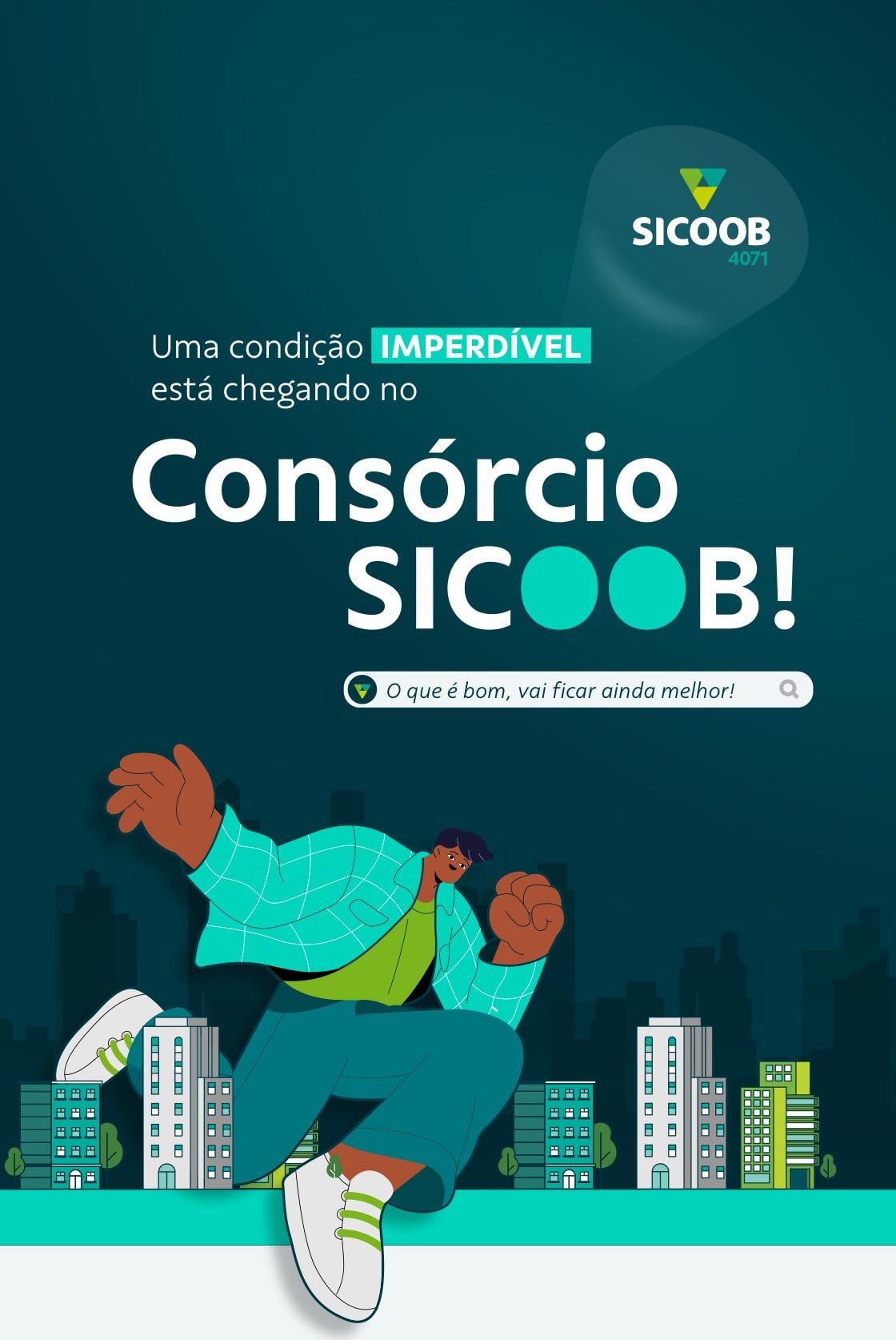 Ilustração de homem saltando sobre a cidade, com o Consórcio Sicoob 4071