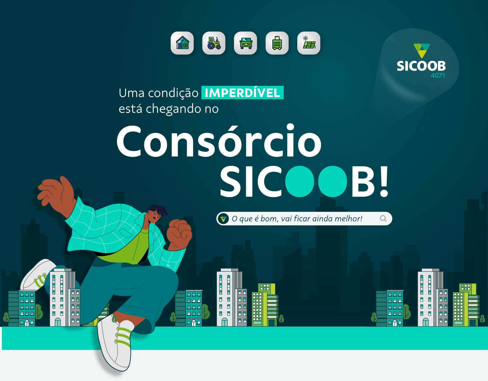 Ilustração de homem saltando sobre a cidade, com o Consórcio Sicoob 4071